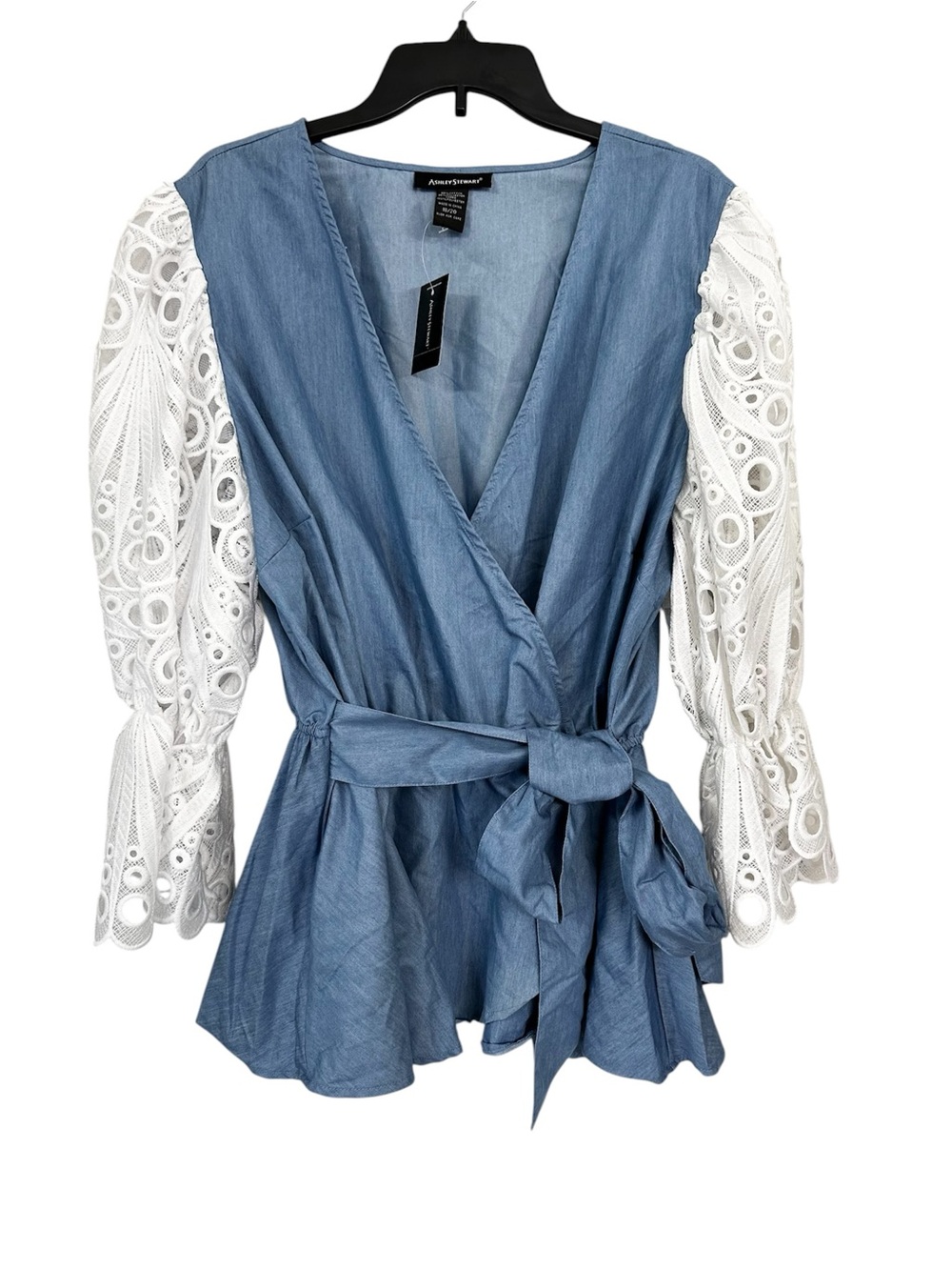 NWT Ashley Stewart Top Denim Faux Wrap White Lace Sleeves Women’s Size 18/20